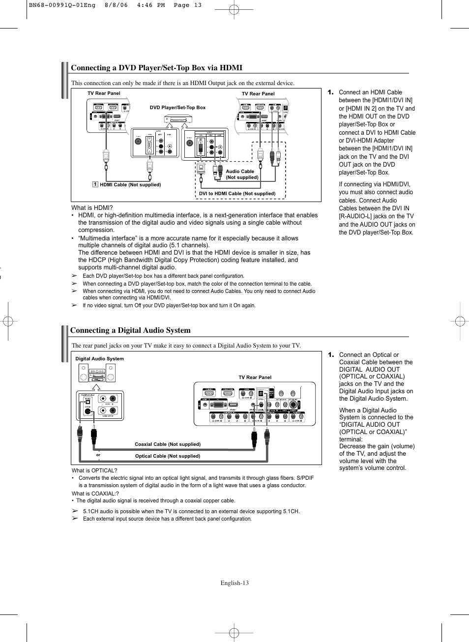 Connecting a dvd player/set-top box via hdmi, Connecting a digital audio system | Samsung HPS6373X-XAA User Manual | Page 13 / 64