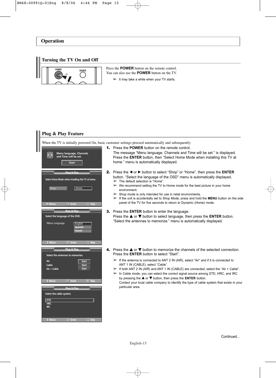 Operation, Turning the tv on and off, Plug & play feature | Samsung HPS6373X-XAA User Manual | Page 15 / 64