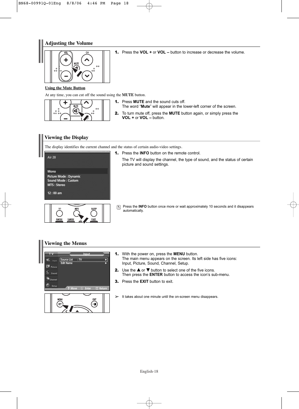 Adjusting the volume, Viewing the display, Viewing the menus | Samsung HPS6373X-XAA User Manual | Page 18 / 64
