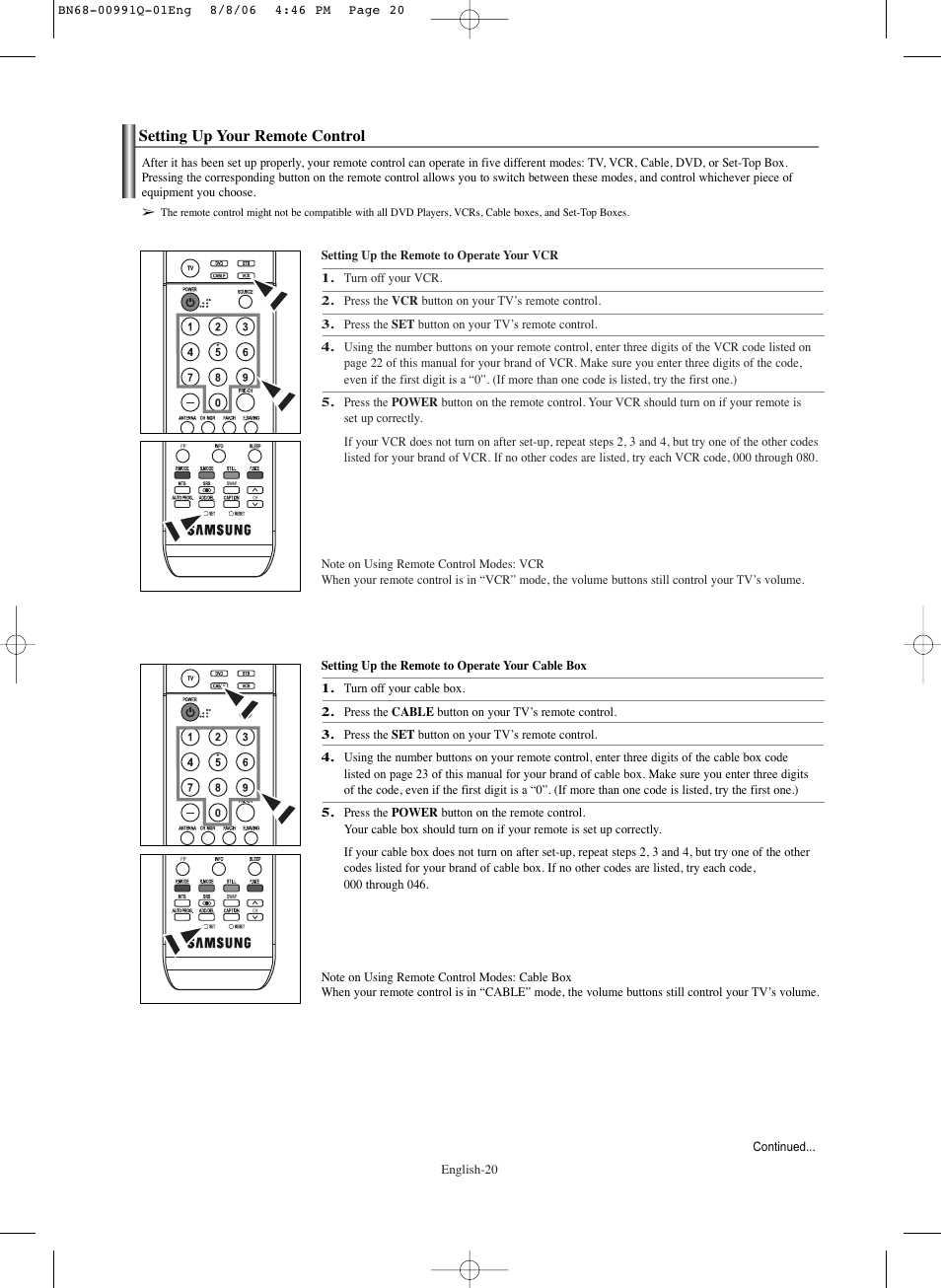 Setting up your remote control | Samsung HPS6373X-XAA User Manual | Page 20 / 64