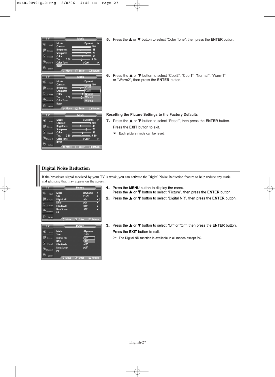 Digital noise reduction | Samsung HPS6373X-XAA User Manual | Page 27 / 64