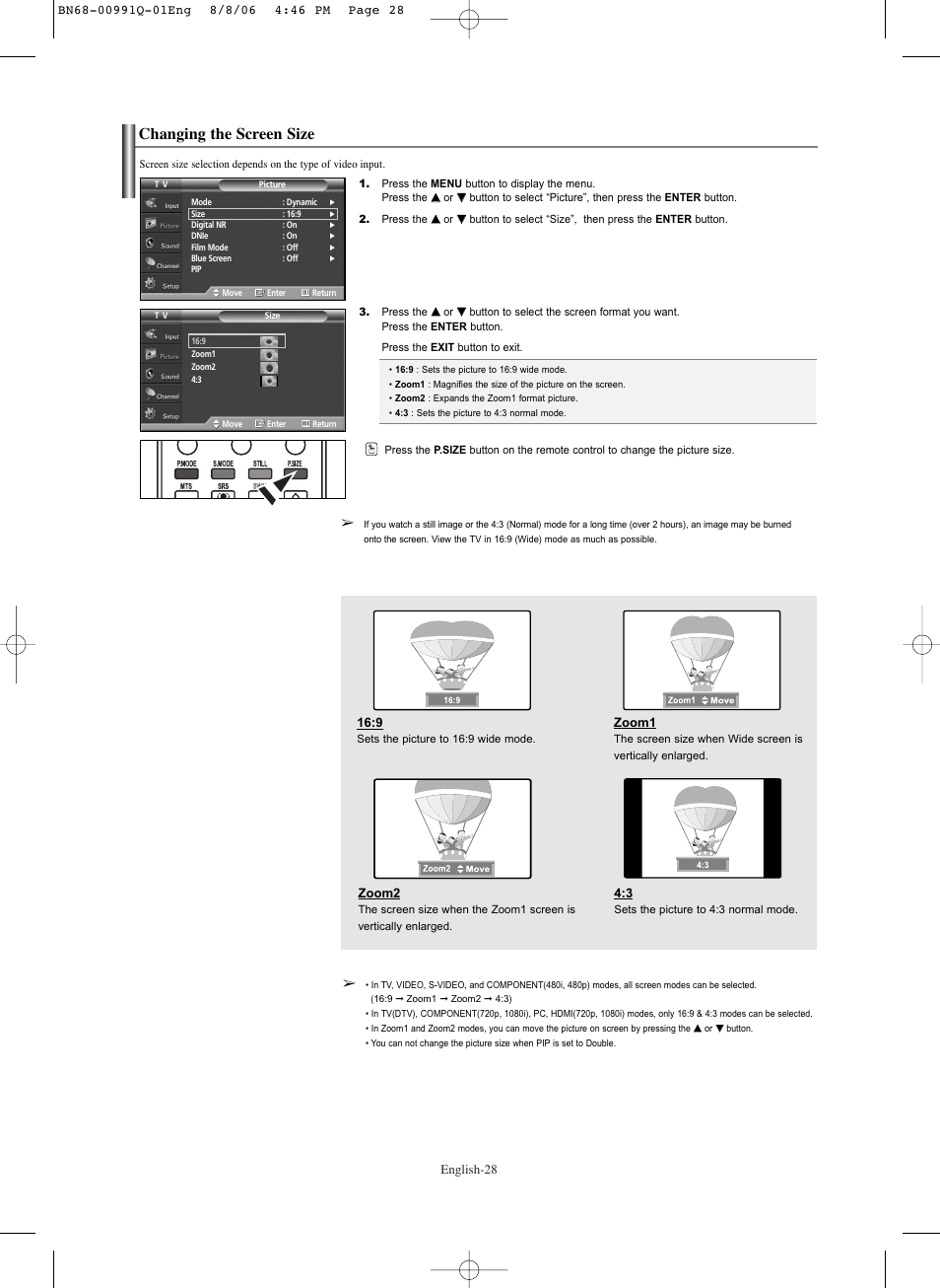 Changing the screen size | Samsung HPS6373X-XAA User Manual | Page 28 / 64