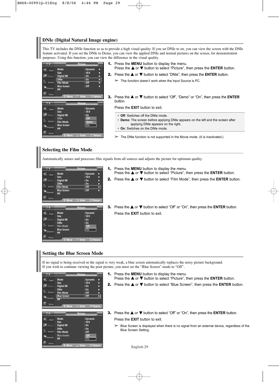 Dnie (digital natural image engine), Selecting the film mode, Setting the blue screen mode | Samsung HPS6373X-XAA User Manual | Page 29 / 64