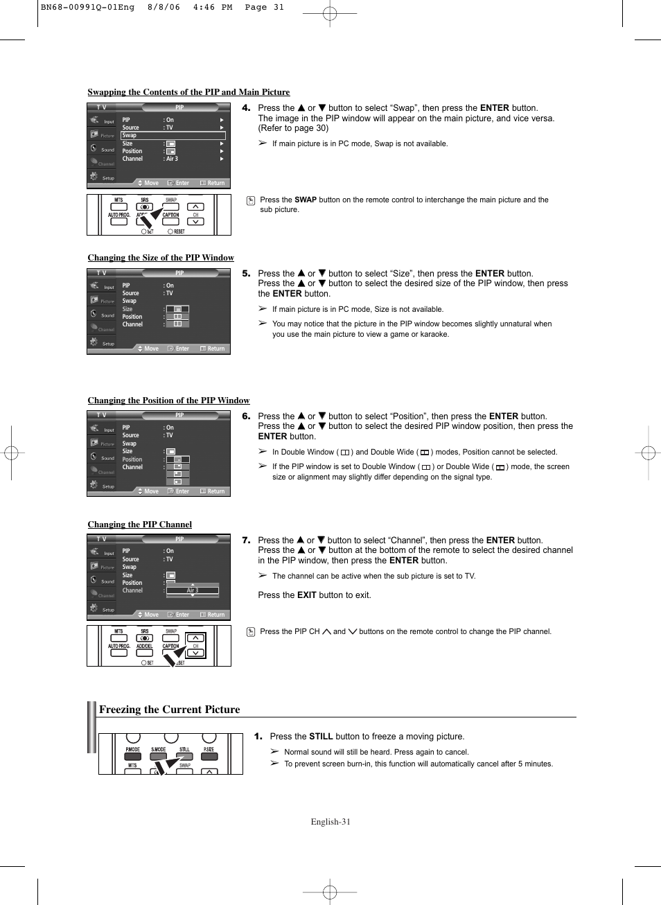 Freezing the current picture | Samsung HPS6373X-XAA User Manual | Page 31 / 64