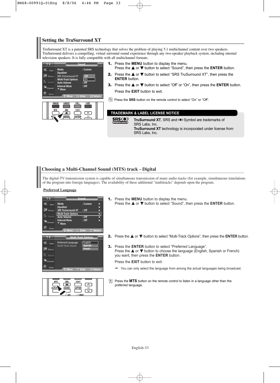 Setting the trusurround xt | Samsung HPS6373X-XAA User Manual | Page 33 / 64
