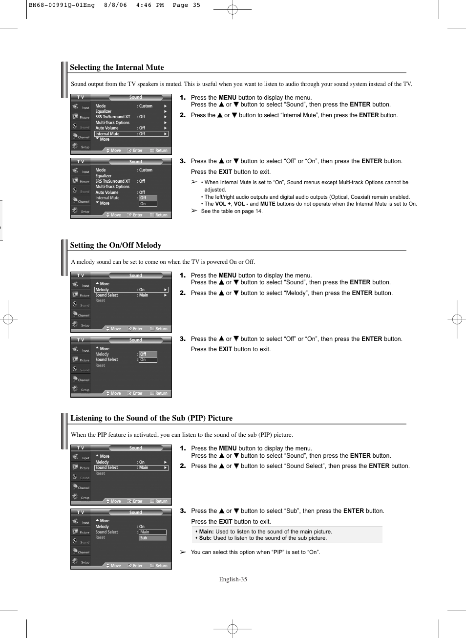 Selecting the internal mute, Setting the on/off melody, Listening to the sound of the sub (pip) picture | Samsung HPS6373X-XAA User Manual | Page 35 / 64