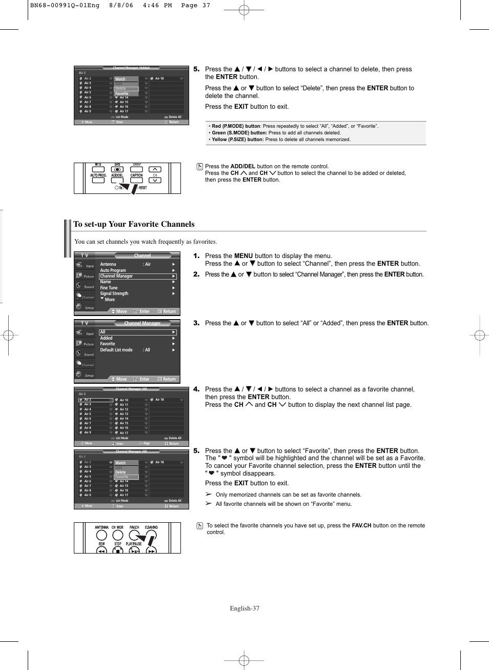 To set-up your favorite channels, English-37 | Samsung HPS6373X-XAA User Manual | Page 37 / 64