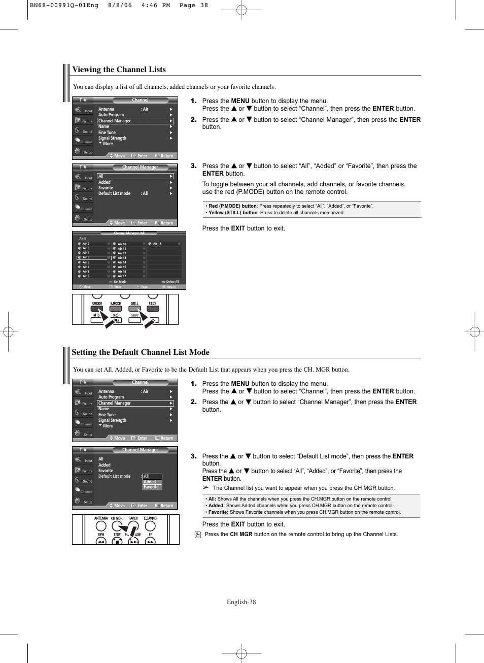Viewing the channel lists, Setting the default channel list mode | Samsung HPS6373X-XAA User Manual | Page 38 / 64