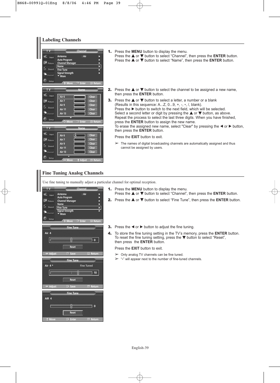 Labeling channels, Fine tuning analog channels | Samsung HPS6373X-XAA User Manual | Page 39 / 64