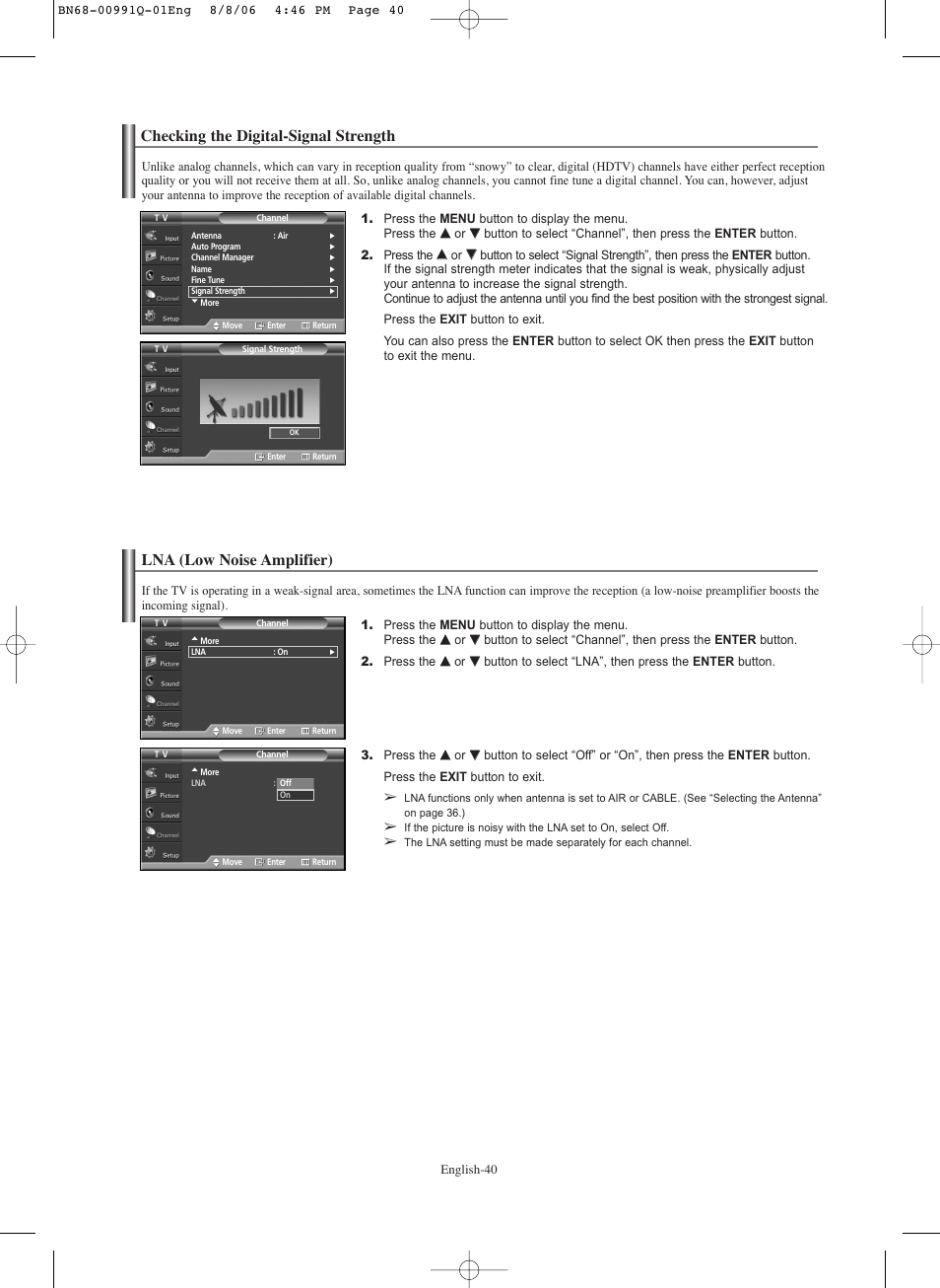 Checking the digital-signal strength, Lna (low noise amplifier) | Samsung HPS6373X-XAA User Manual | Page 40 / 64