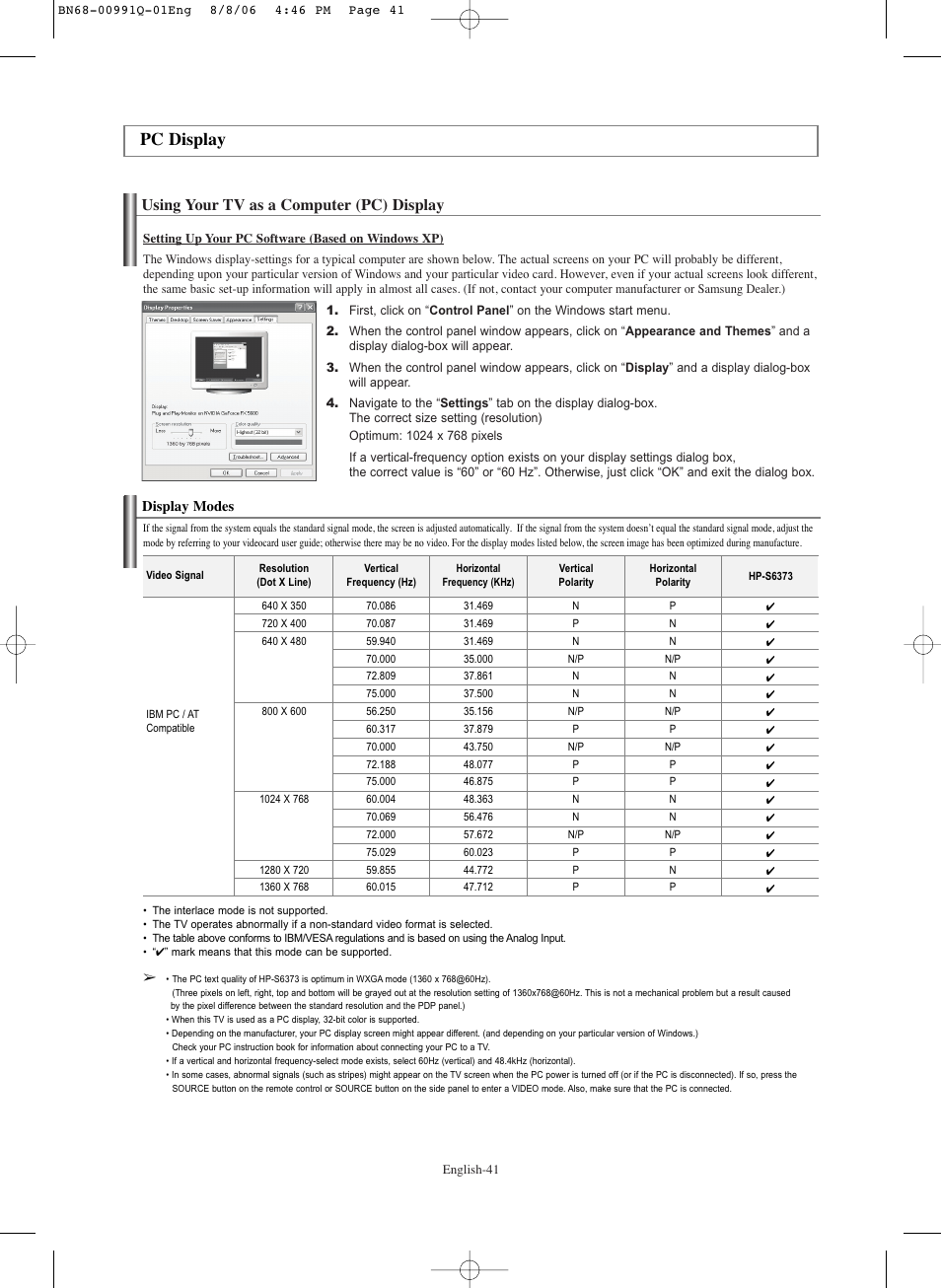 Pc display, Using your tv as a computer (pc) display, Display modes | Samsung HPS6373X-XAA User Manual | Page 41 / 64