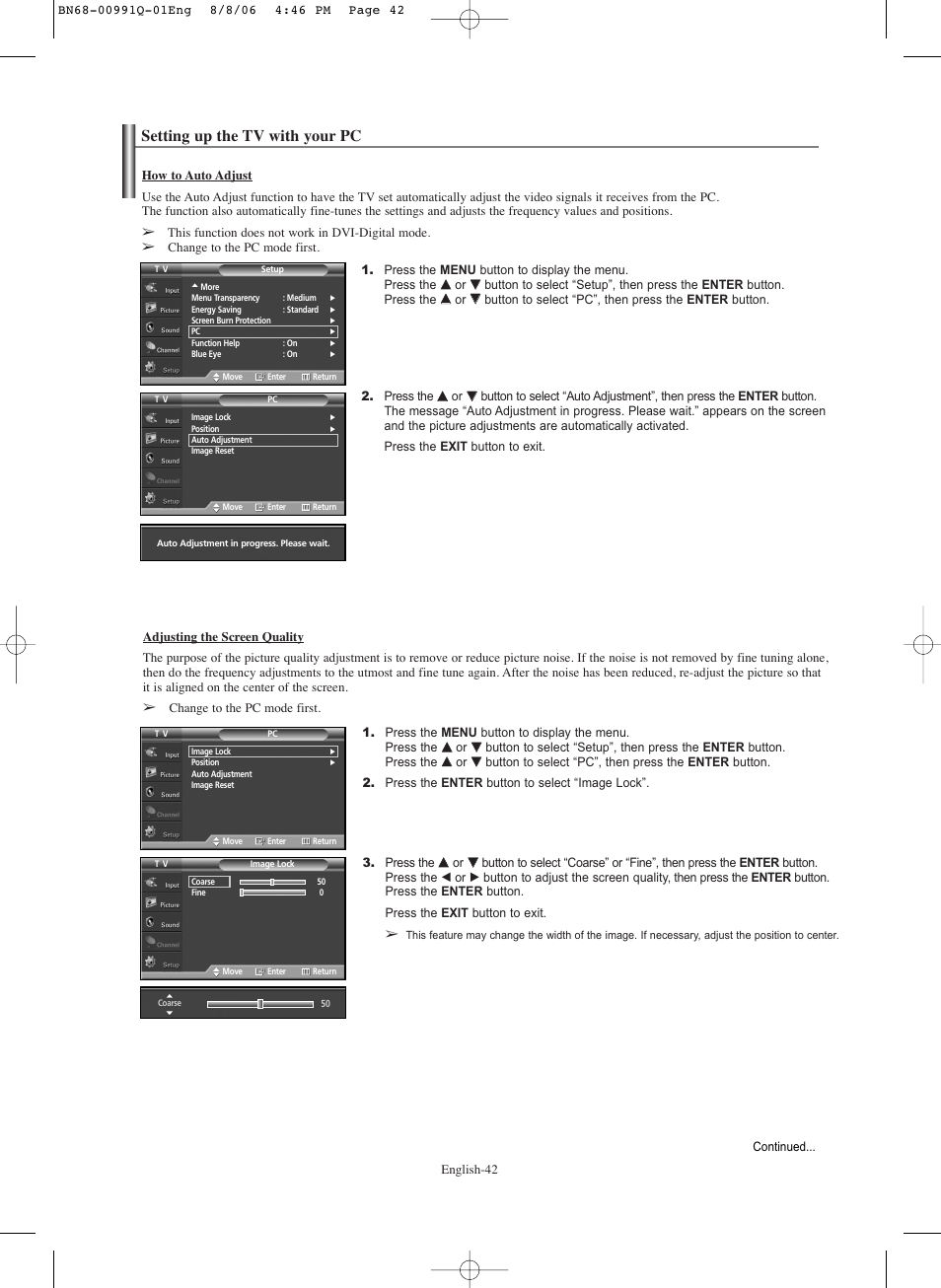 Setting up the tv with your pc | Samsung HPS6373X-XAA User Manual | Page 42 / 64