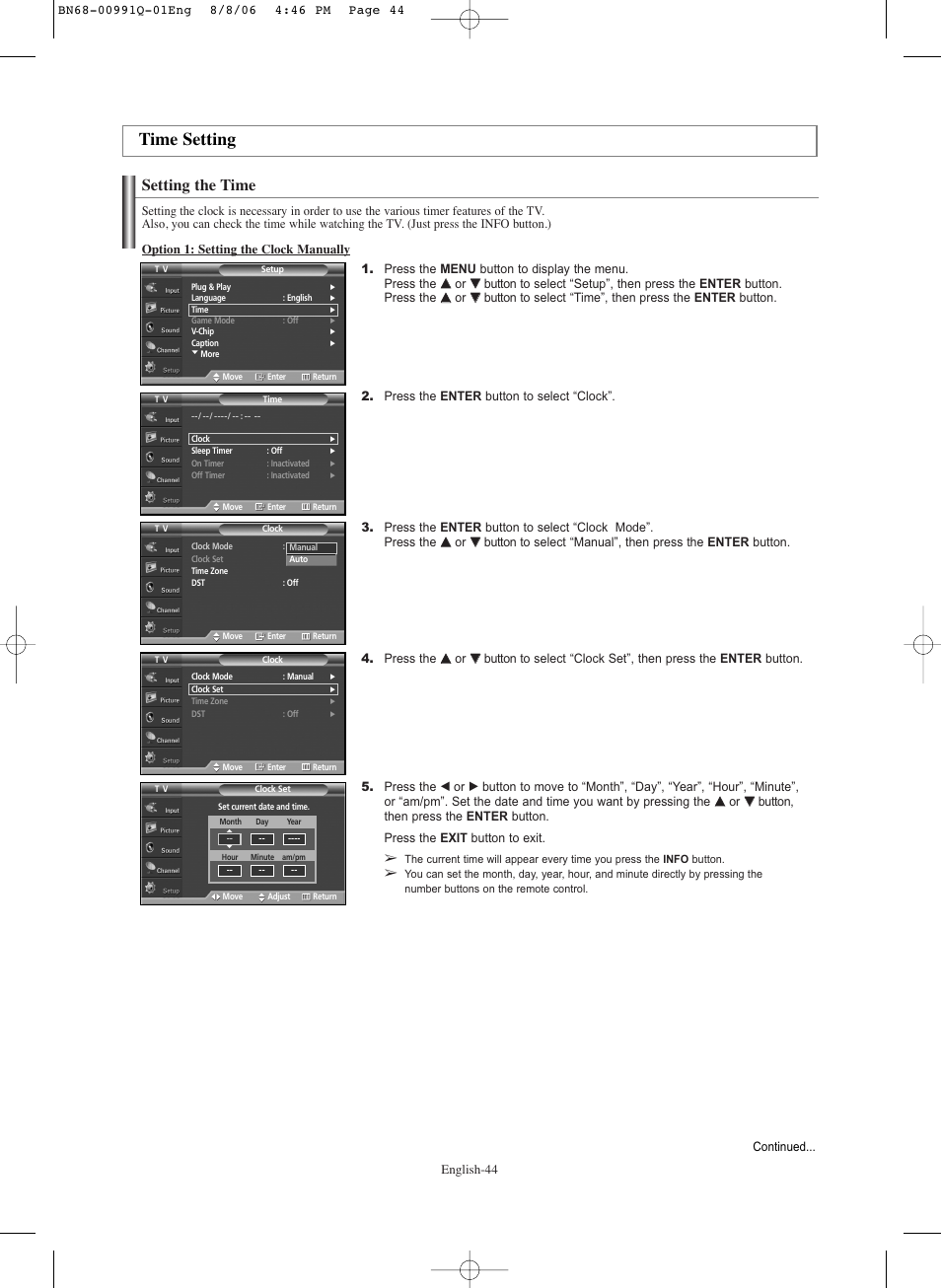 Time setting, Setting the time | Samsung HPS6373X-XAA User Manual | Page 44 / 64