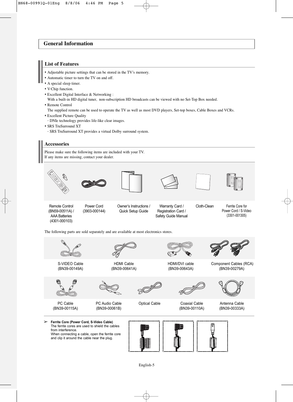 General information, List of features, Accessories | Samsung HPS6373X-XAA User Manual | Page 5 / 64