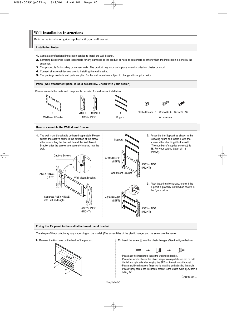 Wall installation instructions | Samsung HPS6373X-XAA User Manual | Page 60 / 64