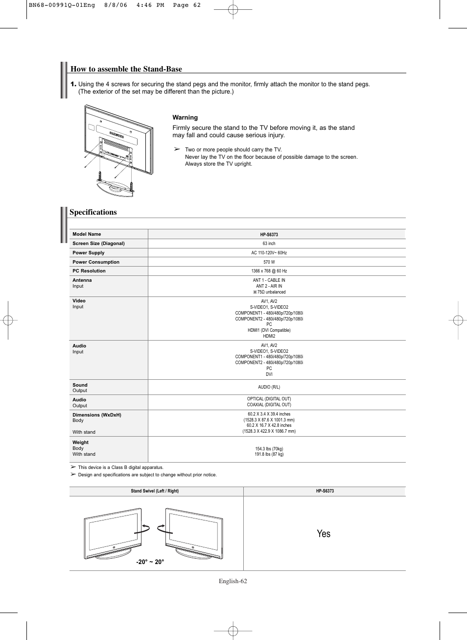 How to assemble the stand-base, Specifications | Samsung HPS6373X-XAA User Manual | Page 62 / 64