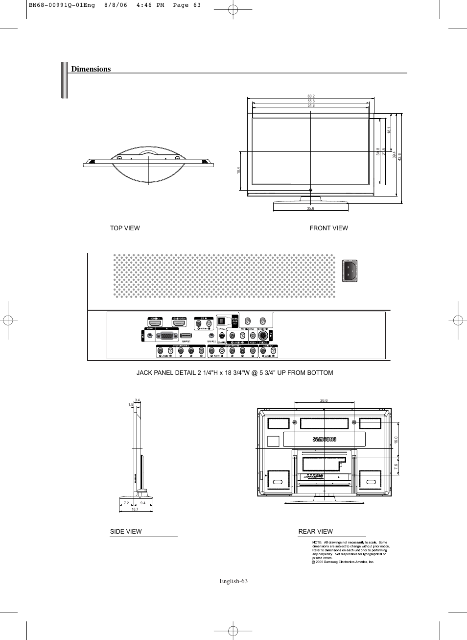 Dimensions, English-63, Top view front view | Samsung HPS6373X-XAA User Manual | Page 63 / 64