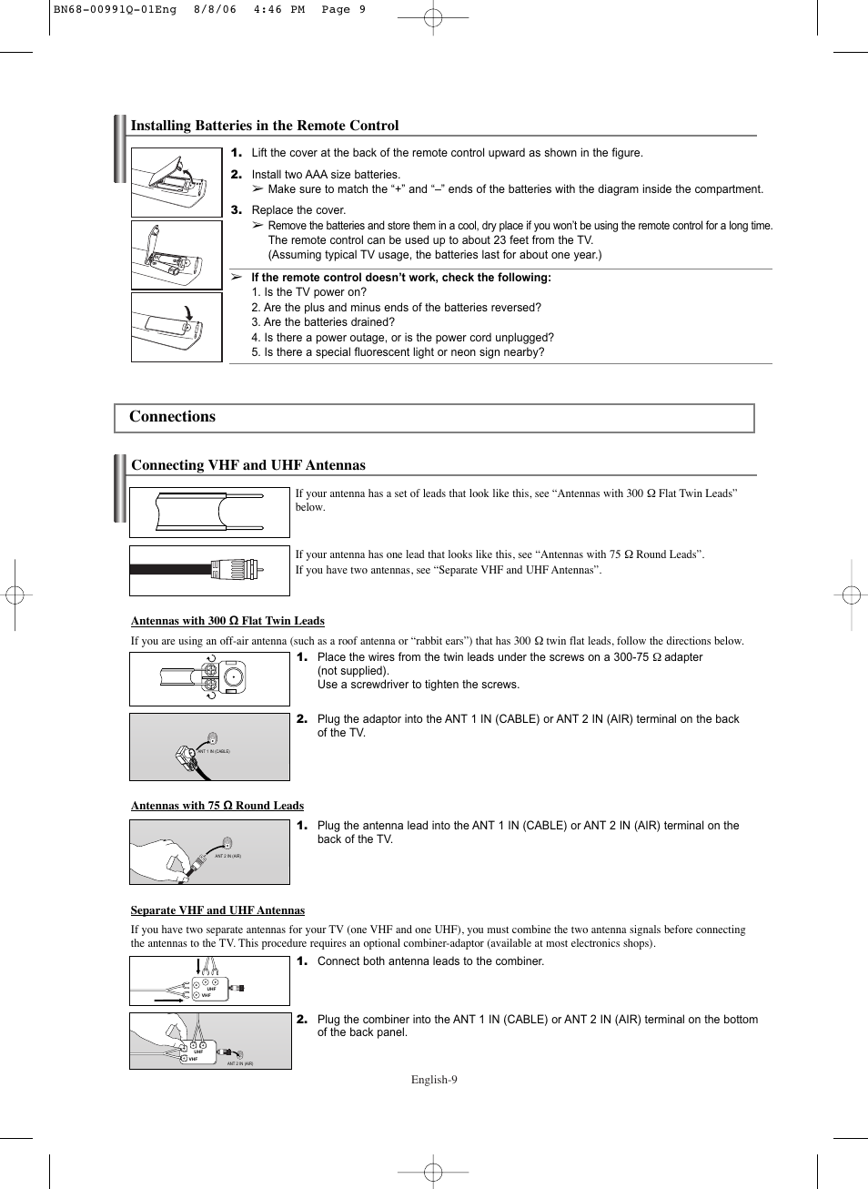 Installing batteries in the remote control, Connections, Connecting vhf and uhf antennas | Samsung HPS6373X-XAA User Manual | Page 9 / 64