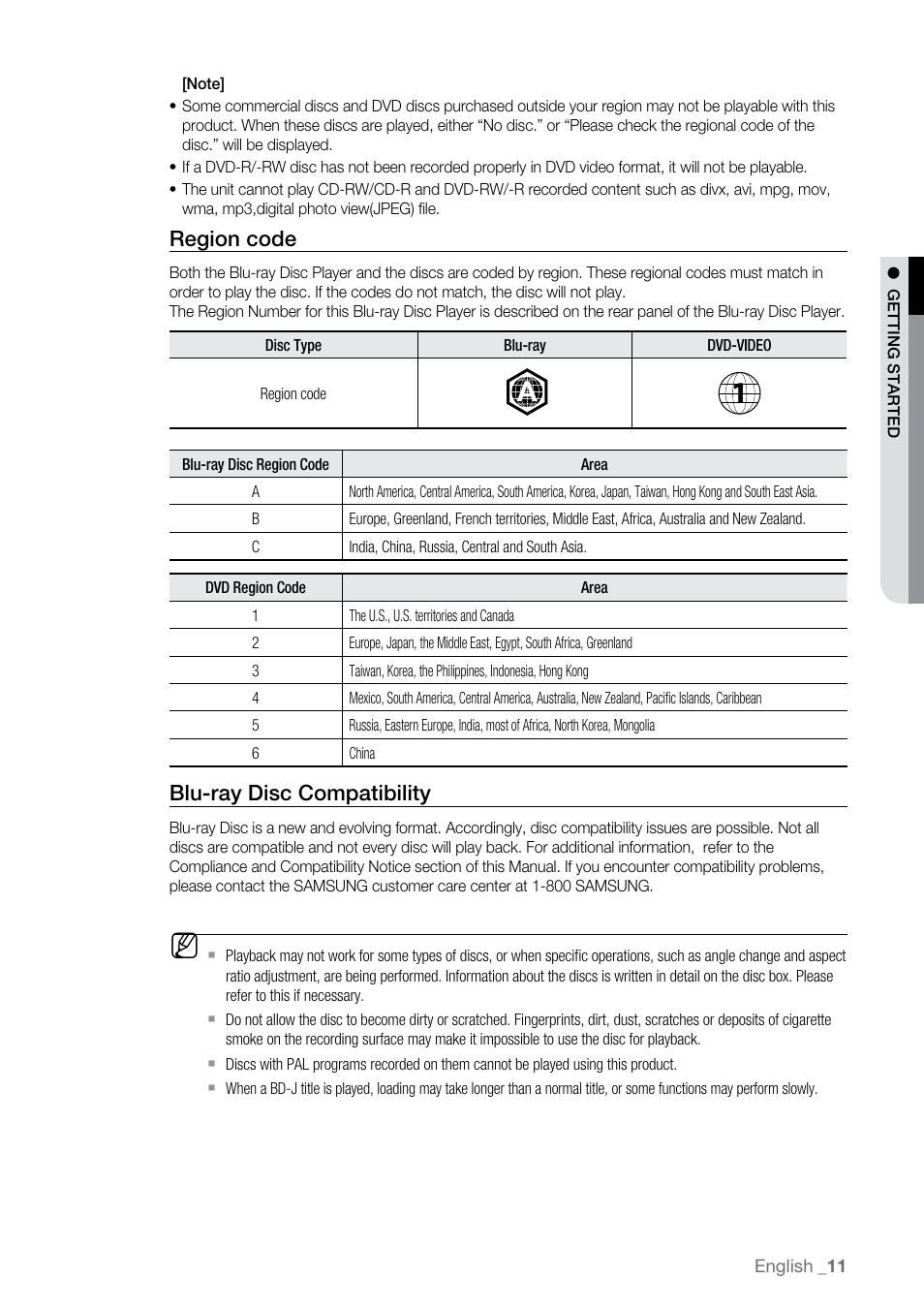 Region code, Blu-ray disc compatibility | Samsung BD-P2500-XAA User Manual | Page 11 / 73