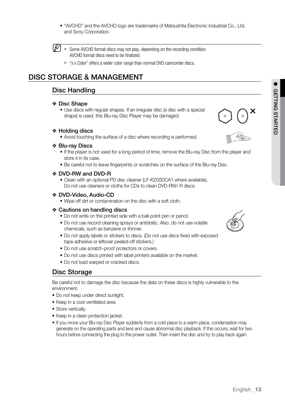Disc storage & management, Disc handling, Disc storage | Samsung BD-P2500-XAA User Manual | Page 13 / 73