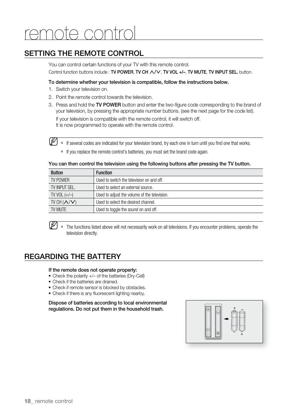 Setting the remote control, Regarding the battery, Remote control | Samsung BD-P2500-XAA User Manual | Page 18 / 73