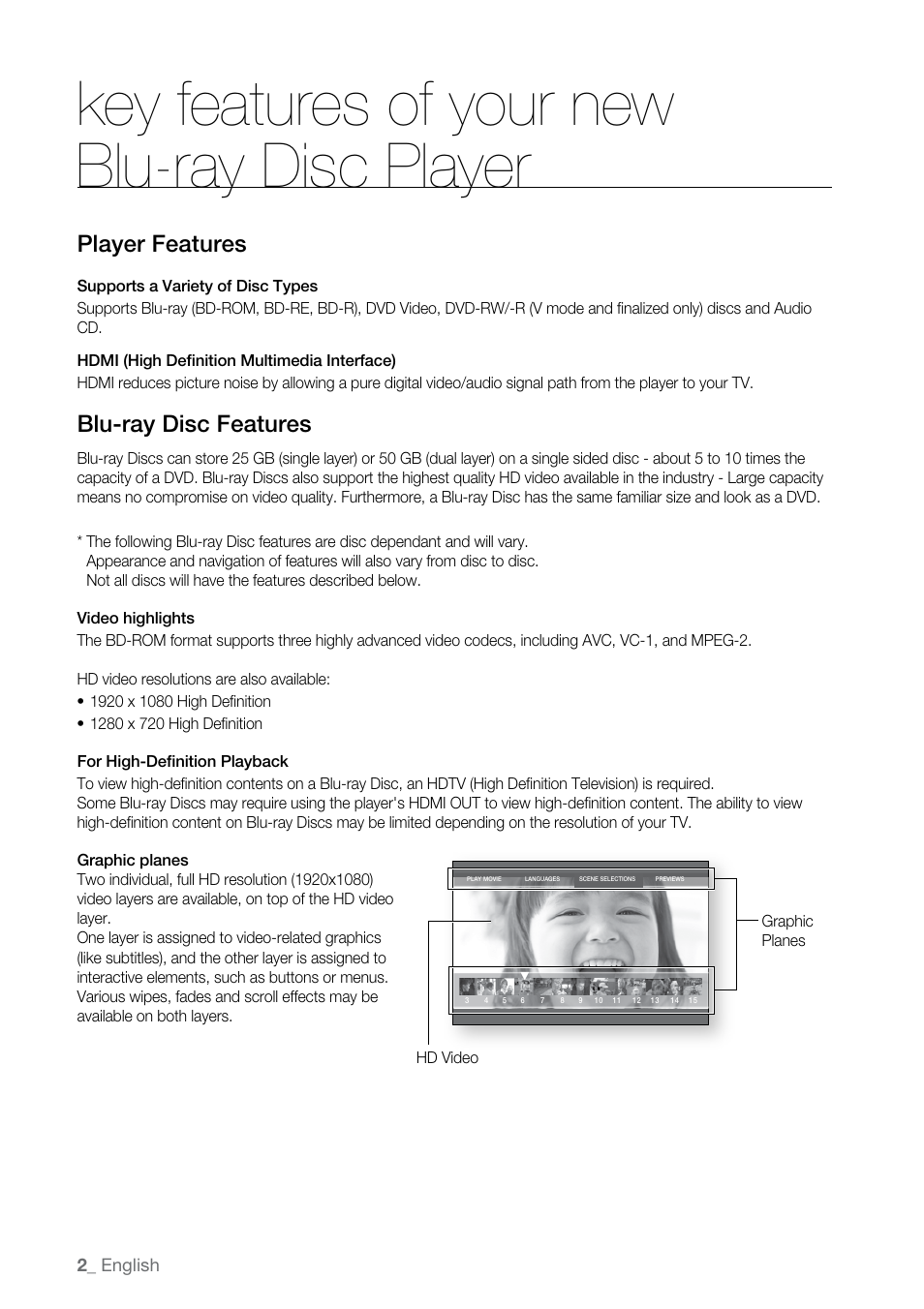 Key features of your new blu-ray disc player, Player features, Blu-ray disc features | Samsung BD-P2500-XAA User Manual | Page 2 / 73