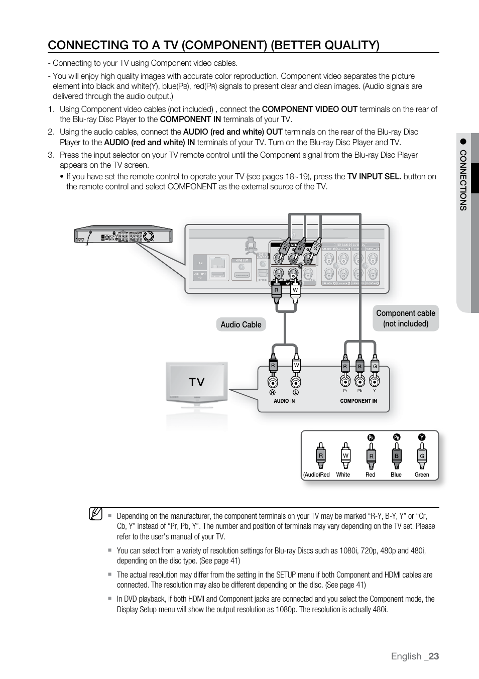 Connecting to a tv (component) (better quality) | Samsung BD-P2500-XAA User Manual | Page 23 / 73