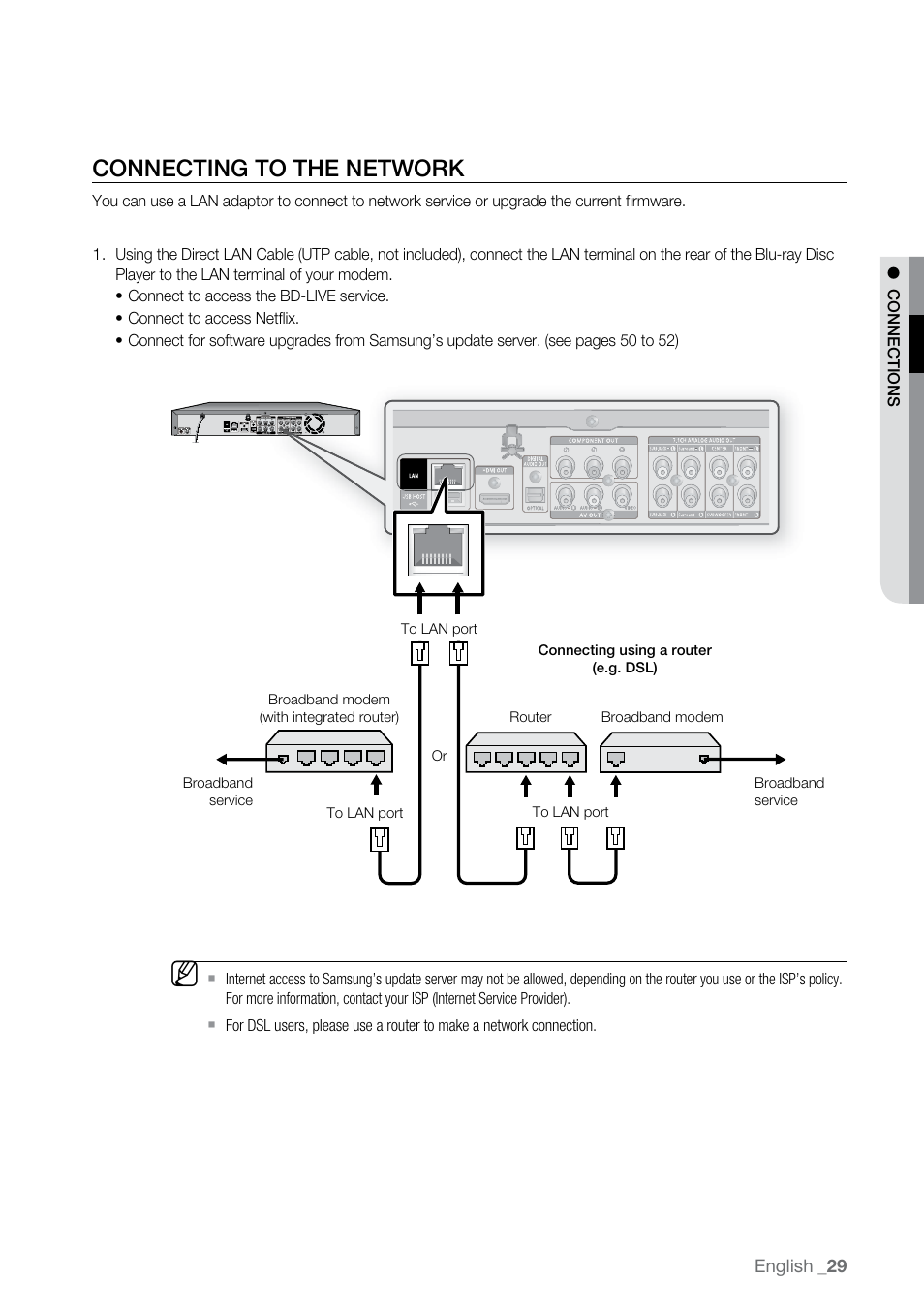 Connecting to the network | Samsung BD-P2500-XAA User Manual | Page 29 / 73