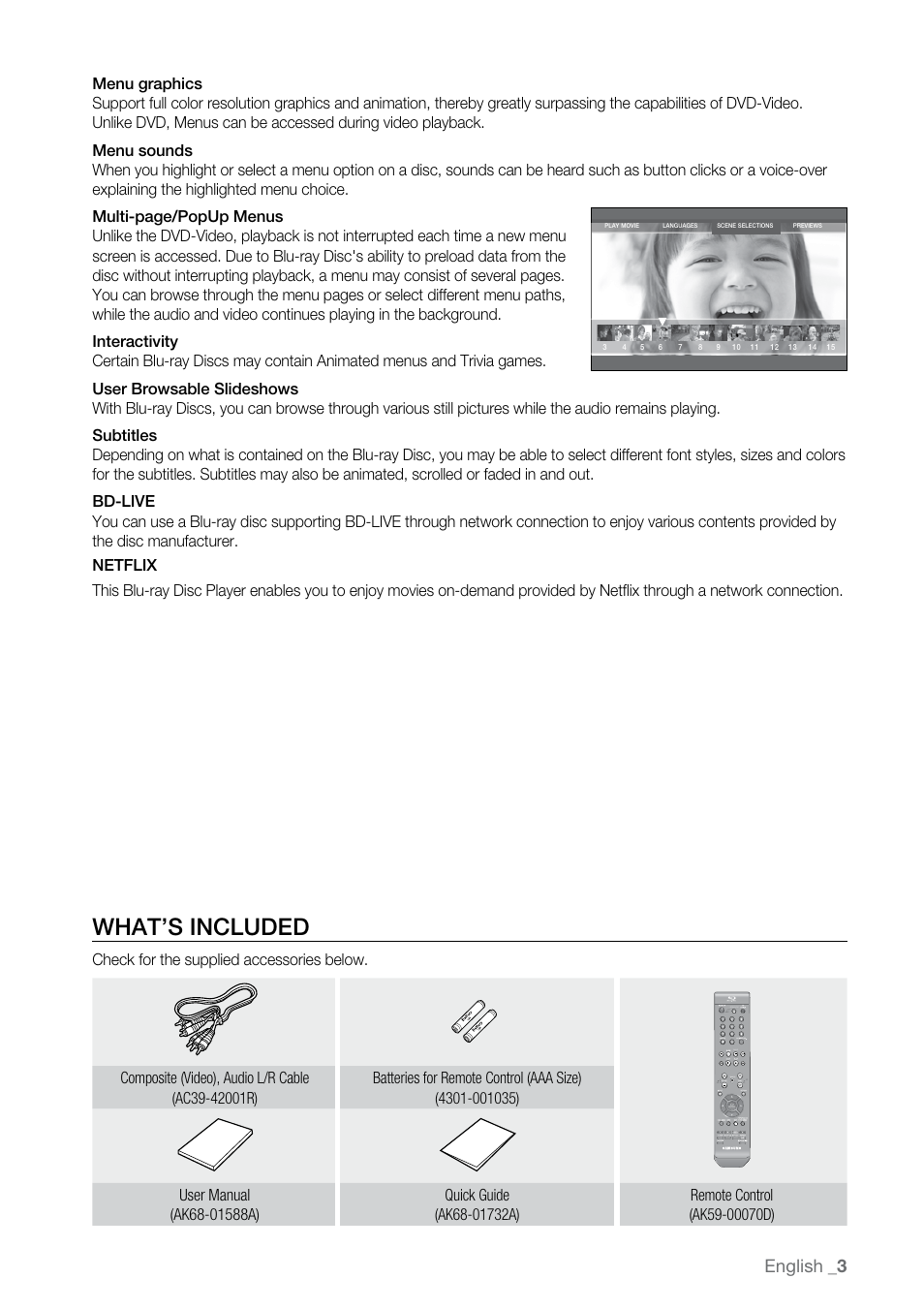 What’s included, English | Samsung BD-P2500-XAA User Manual | Page 3 / 73