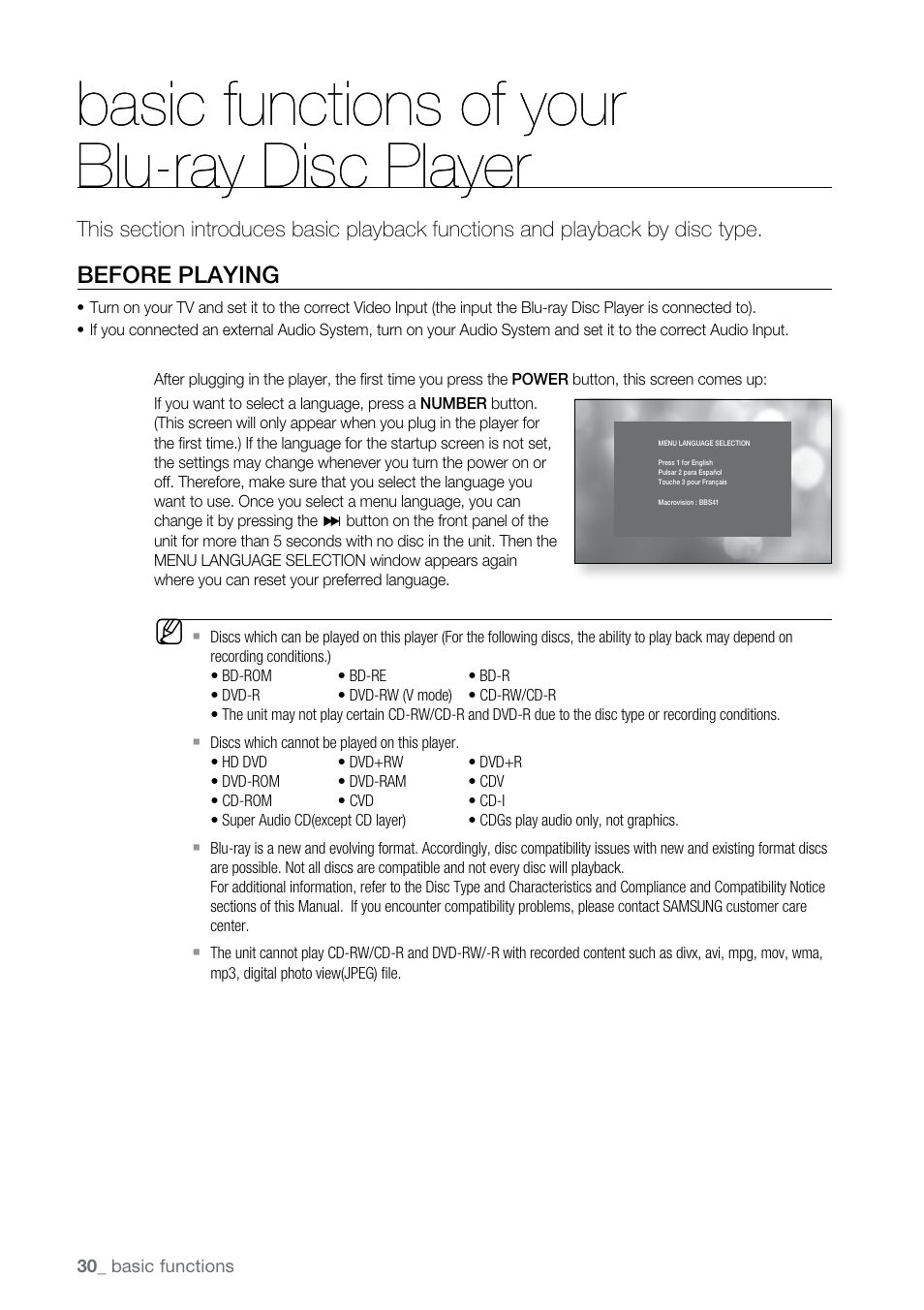 Basic functions of your blu-ray disc player, Before playing | Samsung BD-P2500-XAA User Manual | Page 30 / 73