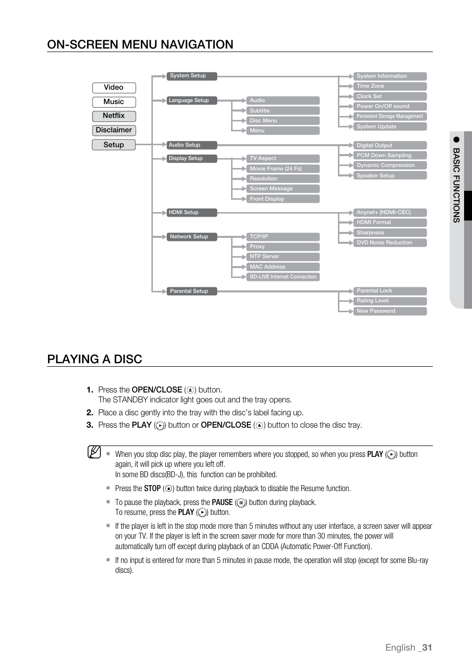 On-screen menu navigation, Playing a disc, On-screen menu navigation playing a disc | English | Samsung BD-P2500-XAA User Manual | Page 31 / 73