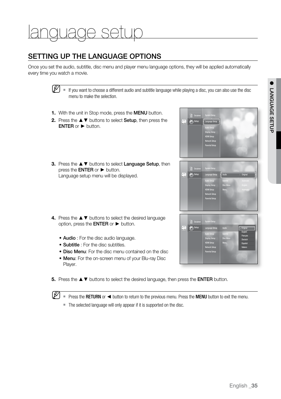 Language setup, Setting up the language options, English | Samsung BD-P2500-XAA User Manual | Page 35 / 73