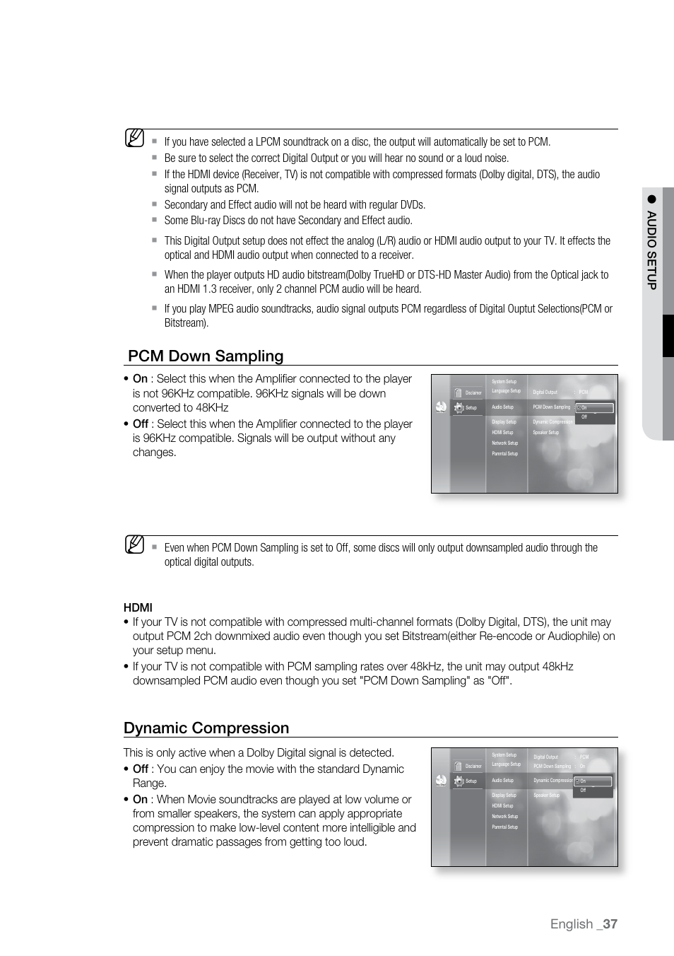 Pcm down sampling, Dynamic compression, English | Samsung BD-P2500-XAA User Manual | Page 37 / 73