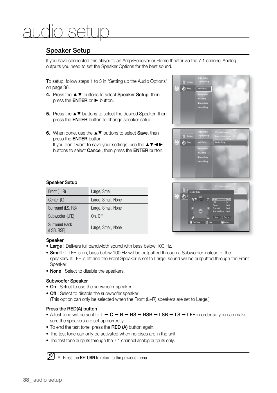 Speaker setup, Audio setup | Samsung BD-P2500-XAA User Manual | Page 38 / 73