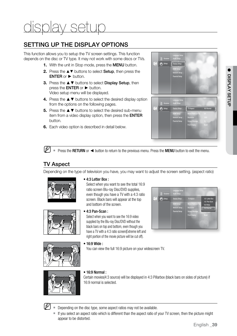 Display setup, Setting up the display options, Tv aspect | English | Samsung BD-P2500-XAA User Manual | Page 39 / 73