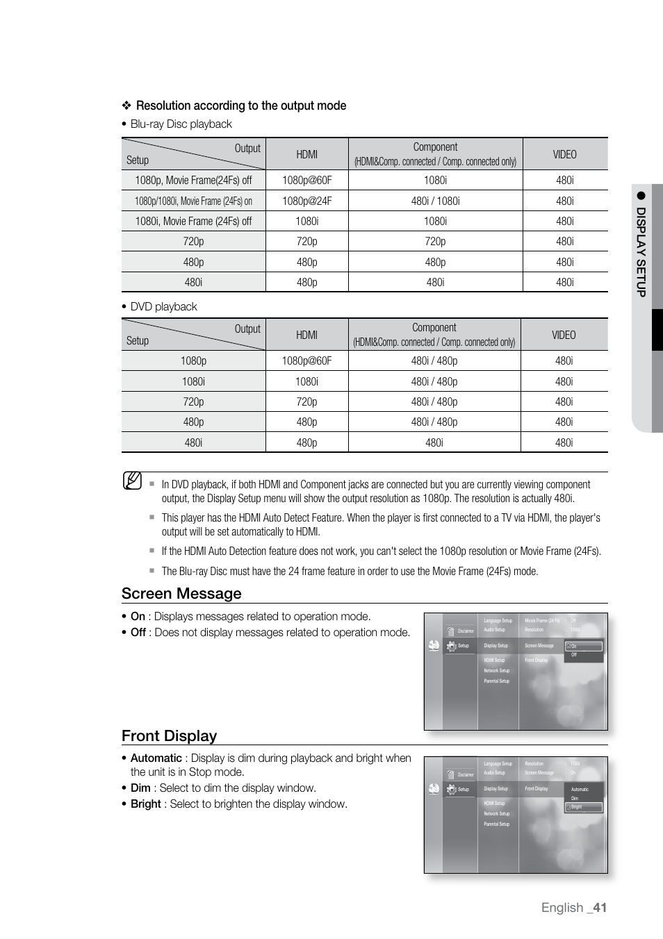 Screen message, Front display, English | Resolution according to the output mode | Samsung BD-P2500-XAA User Manual | Page 41 / 73