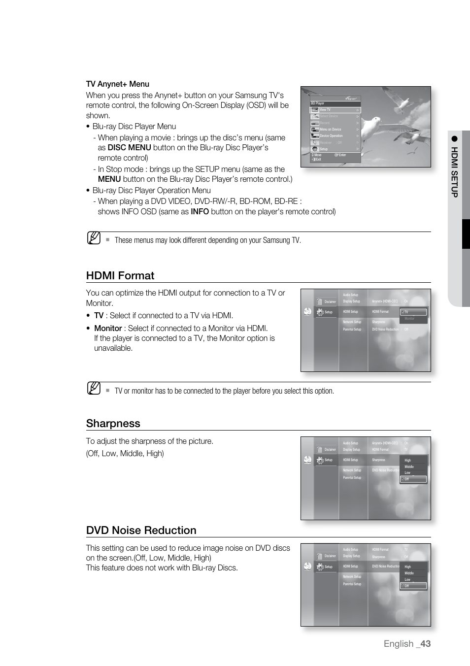 Hdmi format, Sharpness, Dvd noise reduction | English | Samsung BD-P2500-XAA User Manual | Page 43 / 73