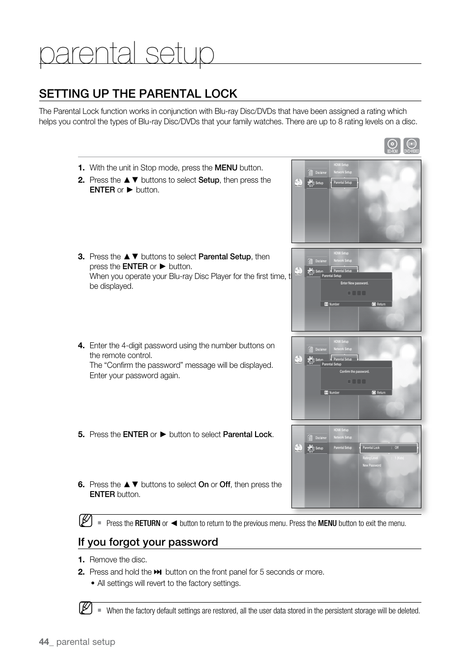 Parental setup, Setting up the parental lock, If you forgot your password | Samsung BD-P2500-XAA User Manual | Page 44 / 73