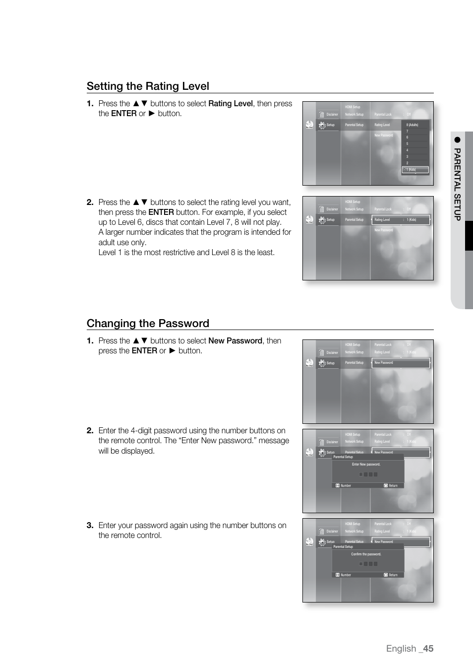 Setting the rating level, Changing the password, English | Parental setup | Samsung BD-P2500-XAA User Manual | Page 45 / 73