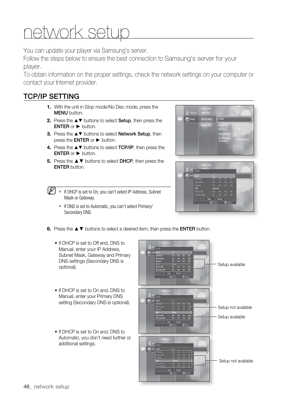 Network setup, Tcp/ip setting | Samsung BD-P2500-XAA User Manual | Page 46 / 73