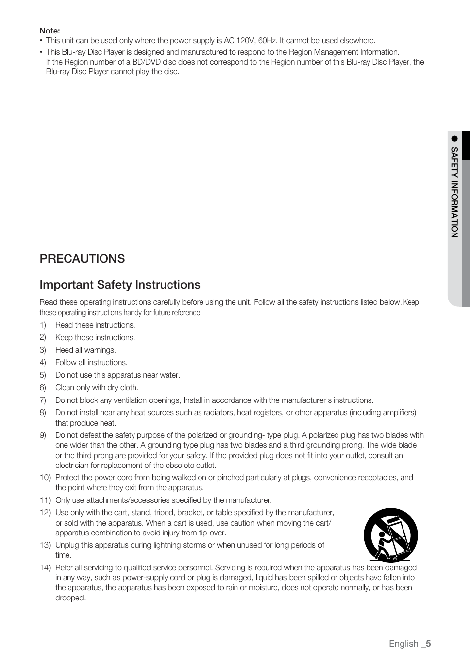Precautions, Precautions important safety instructions | Samsung BD-P2500-XAA User Manual | Page 5 / 73