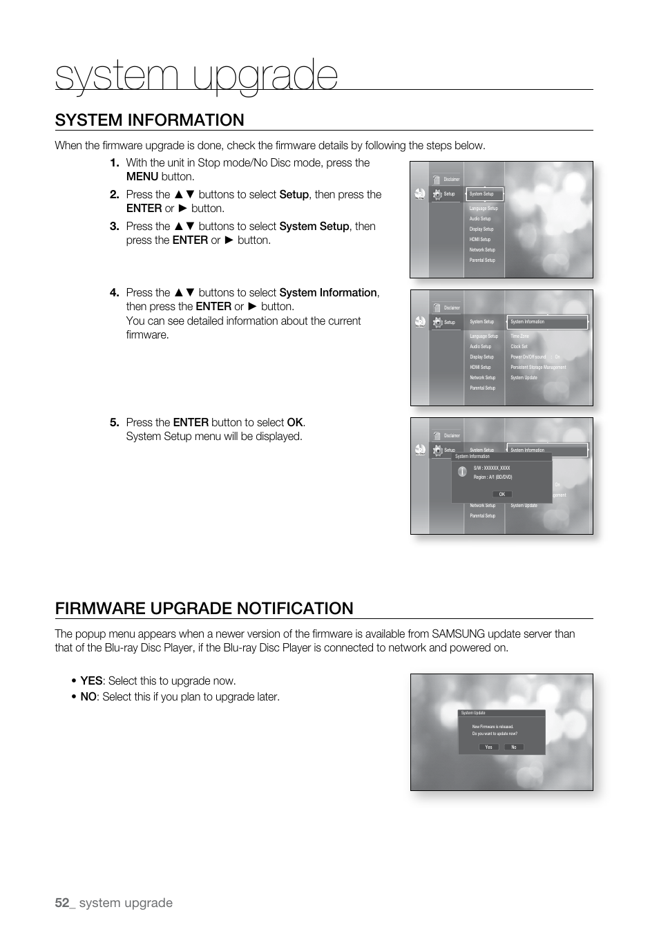 System information, Firmware upgrade notification, System upgrade | Samsung BD-P2500-XAA User Manual | Page 52 / 73