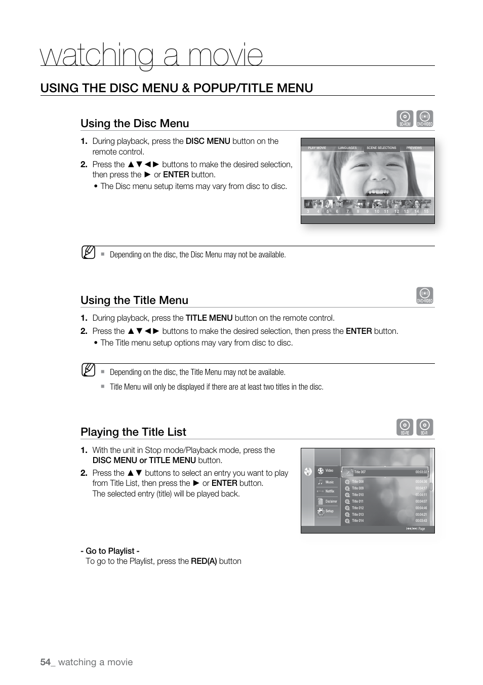 Using the disc menu & popup/title menu, Using the disc menu, Using the title menu | Playing the title list, Watching a movie | Samsung BD-P2500-XAA User Manual | Page 54 / 73
