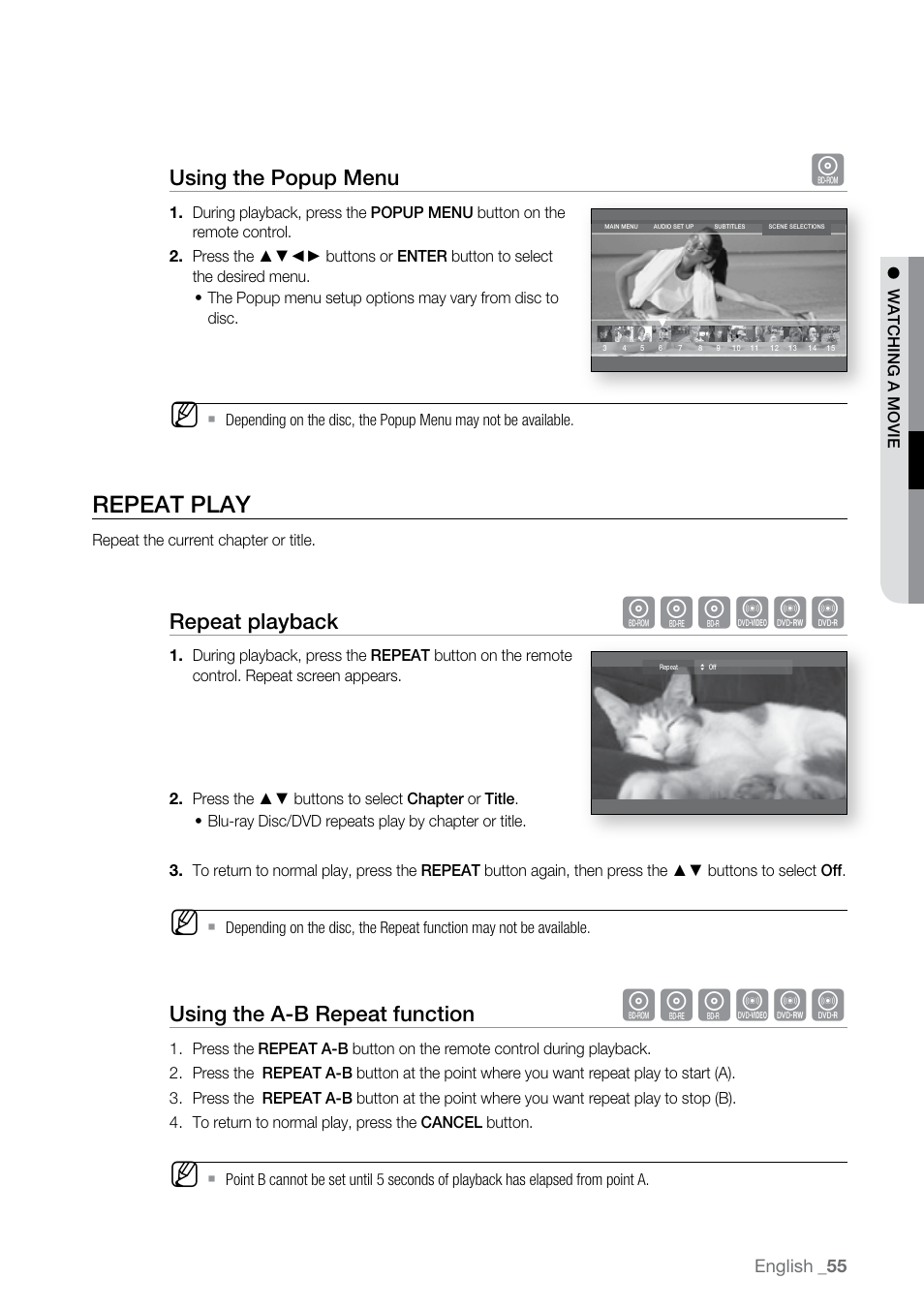 Repeat play, Hgfzcv, Using the popup menu | Repeat playback, Using the a-b repeat function | Samsung BD-P2500-XAA User Manual | Page 55 / 73