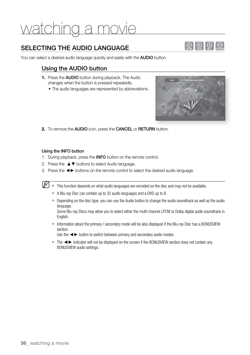 Selecting the audio language hgfz, Watching a movie, Hgfz | Selecting the audio language | Samsung BD-P2500-XAA User Manual | Page 56 / 73