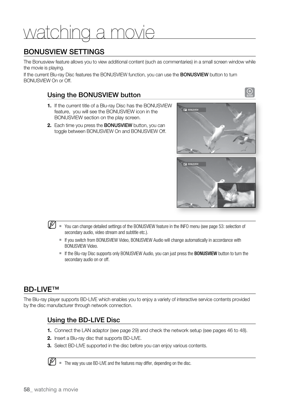 Bonusview settings, Bd-live, Watching a movie | Samsung BD-P2500-XAA User Manual | Page 58 / 73