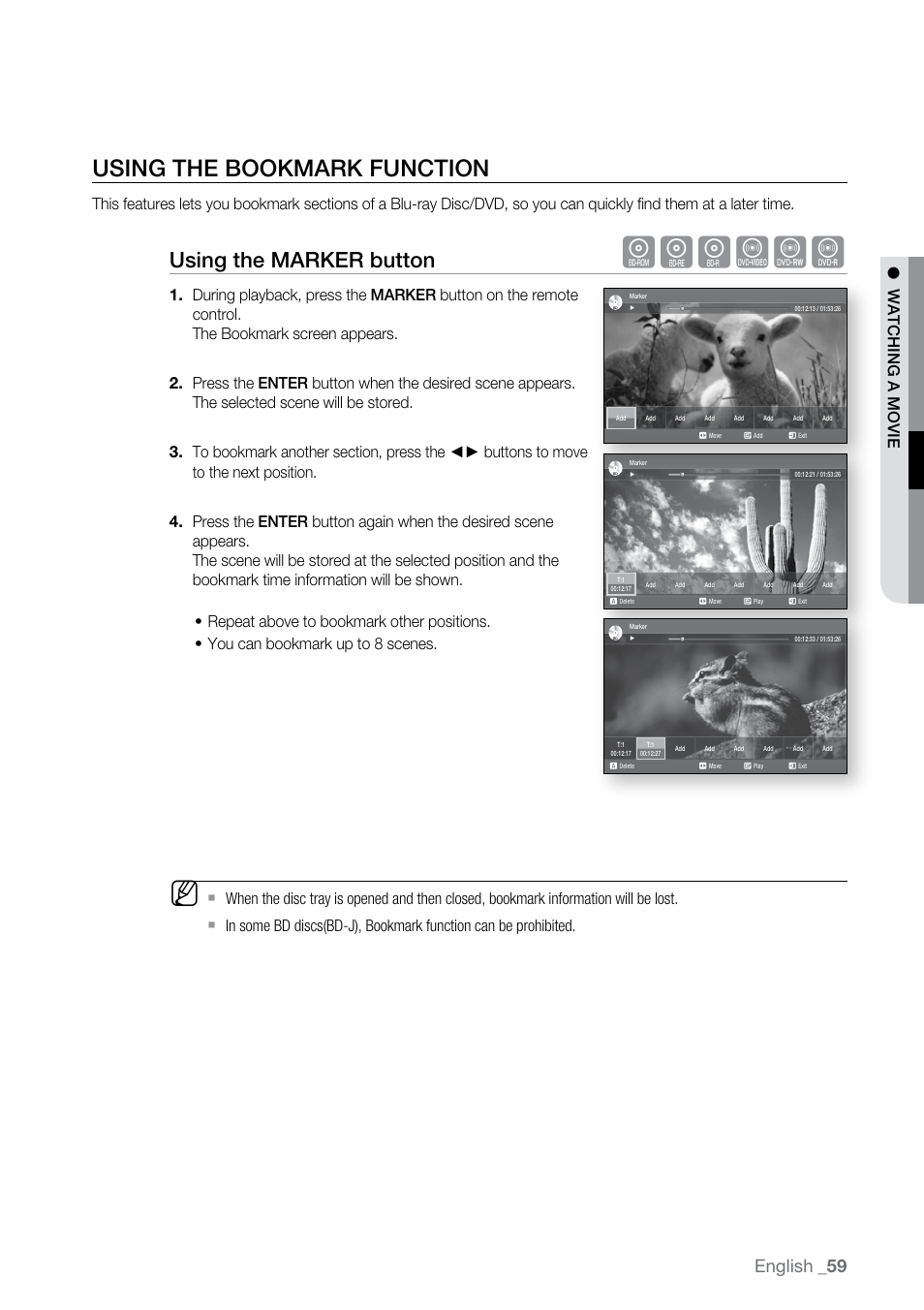 Using the bookmark function, Hgfzcv, Using the marker button | English, Watching a movie | Samsung BD-P2500-XAA User Manual | Page 59 / 73