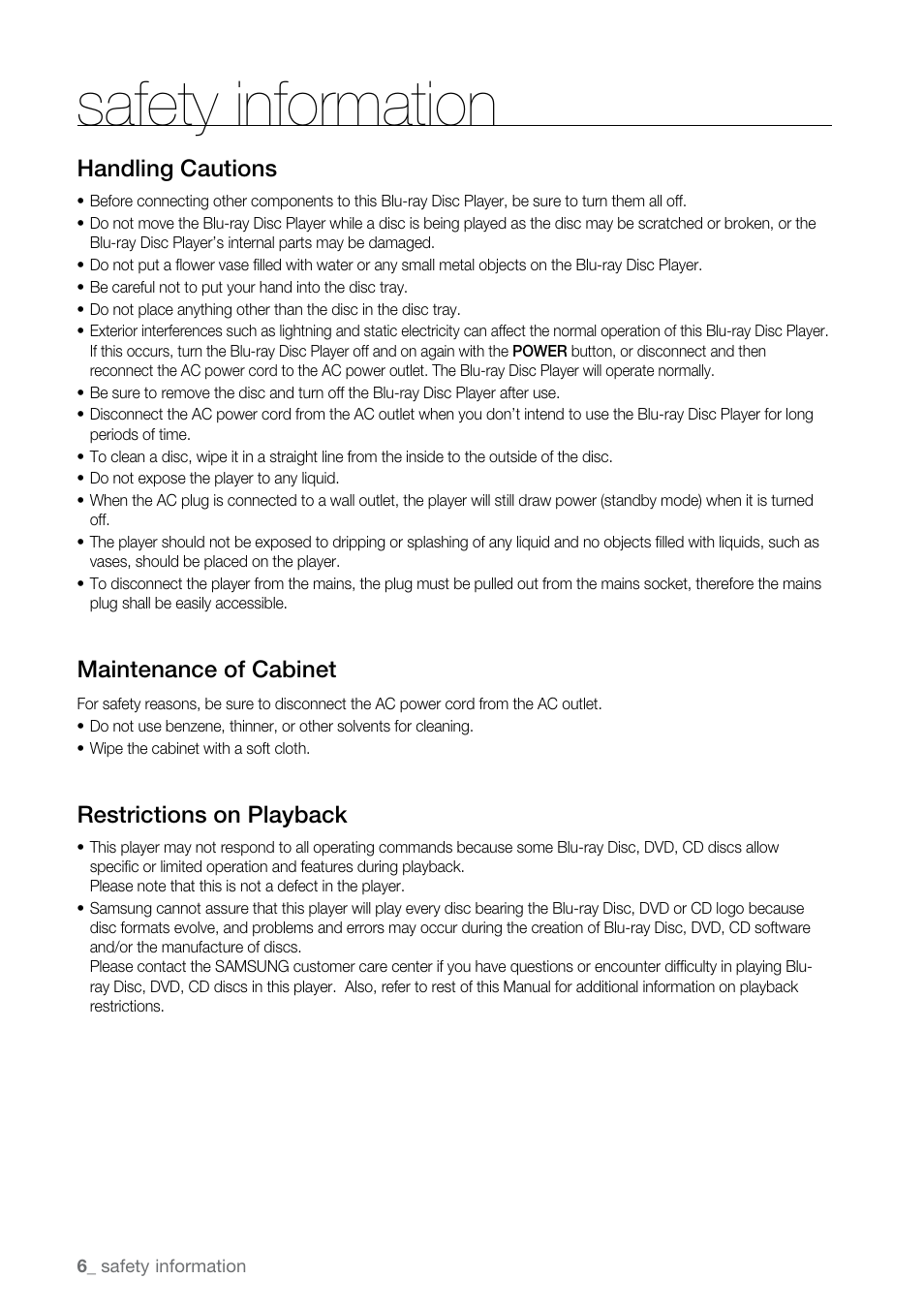 Safety information, Handling cautions, Maintenance of cabinet | Restrictions on playback | Samsung BD-P2500-XAA User Manual | Page 6 / 73