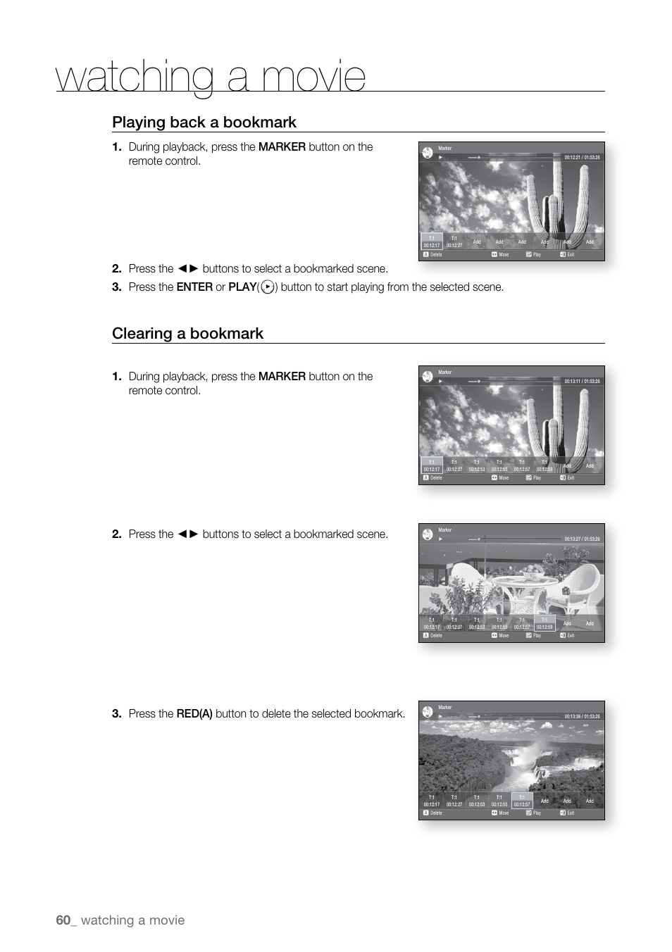 Playing back a bookmark, Clearing a bookmark, Watching a movie | Samsung BD-P2500-XAA User Manual | Page 60 / 73