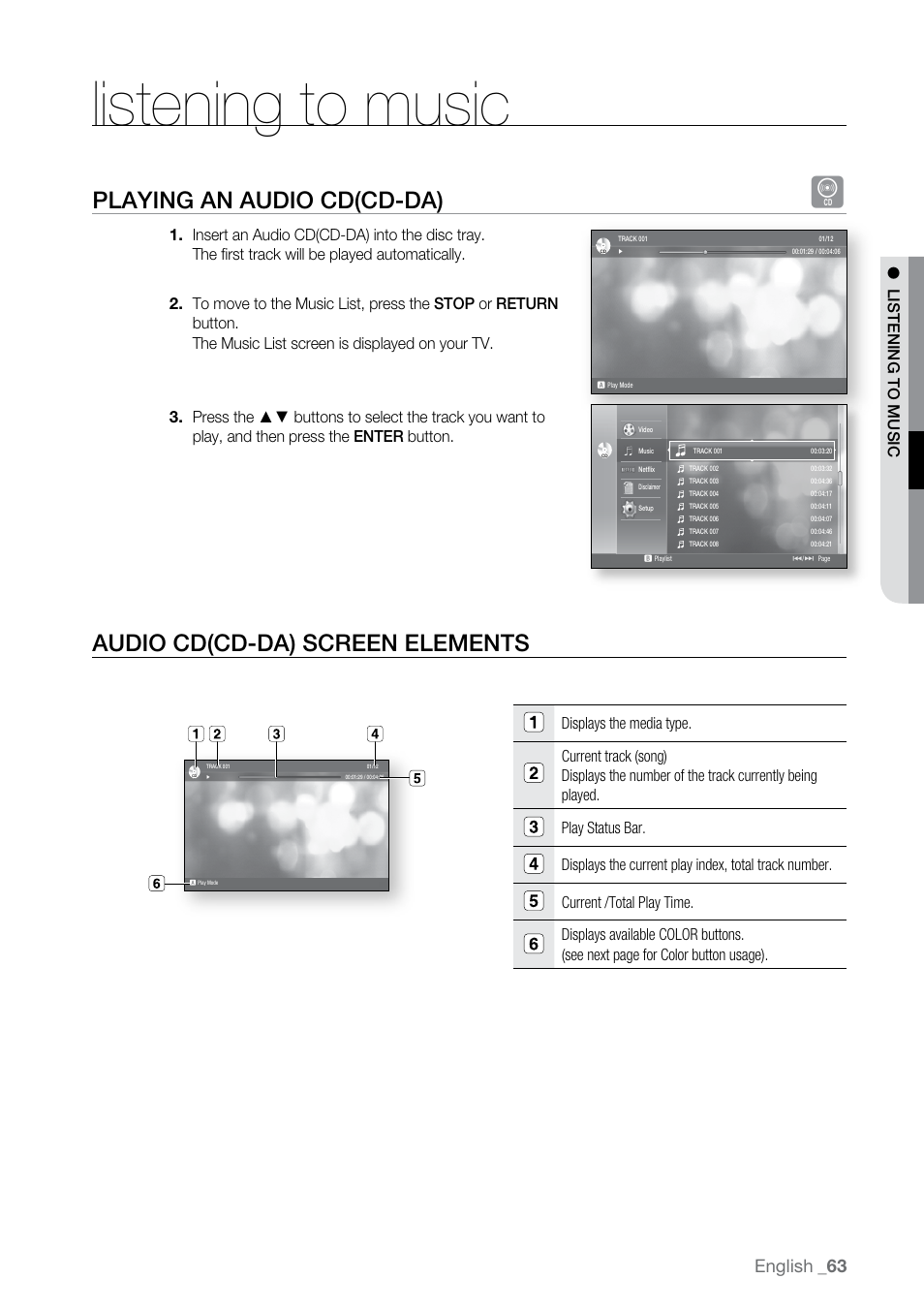 Listening to music, Playing an audio cd(cd-da) b, Audio cd(cd-da) screen elements | Playing an audio cd(cd-da), English | Samsung BD-P2500-XAA User Manual | Page 63 / 73